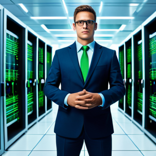 Home 11 A professional cybersecurity expert, fully clothed in a modest business suit, stands confidently within a futuristic server room. Holographic data streams in electric blue and green emanate from the central server, forming a protective, abstract shield around critical data. The AI's presence is visualized as dynamic, intricate data patterns actively analyzing and deflecting digital threats. The setting is clean, high-tech, and secure, emphasizing a digital guardian. Professional photography, high detail, realistic rendering, perfect anatomy, correct proportions, natural pose, well-formed hands, proper finger count, appropriate attire, safe for work, appropriate content, professional.