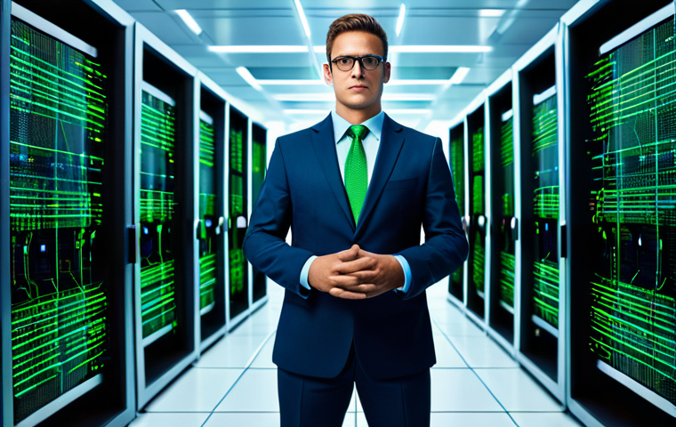 A professional cybersecurity expert, fully clothed in a modest business suit, stands confidently within a futuristic server room. Holographic data streams in electric blue and green emanate from the central server, forming a protective, abstract shield around critical data. The AI's presence is visualized as dynamic, intricate data patterns actively analyzing and deflecting digital threats. The setting is clean, high-tech, and secure, emphasizing a digital guardian. Professional photography, high detail, realistic rendering, perfect anatomy, correct proportions, natural pose, well-formed hands, proper finger count, appropriate attire, safe for work, appropriate content, professional.
