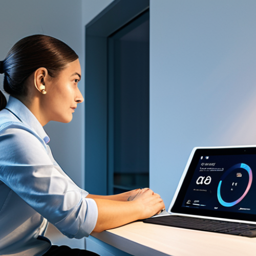 Home 6 A professional individual in modest, contemporary business casual attire, seated at a sleek desk in a modern smart home office, attentively viewing a tablet that displays an intuitive IoT security dashboard. Behind them, a subtle glow from interconnected smart devices (like a minimalist smart speaker or thermostat) suggests a secure network. The atmosphere is calm and focused, with clean lines and soft lighting emphasizing the concept of secure home management. The person exhibits a composed and responsible demeanor.